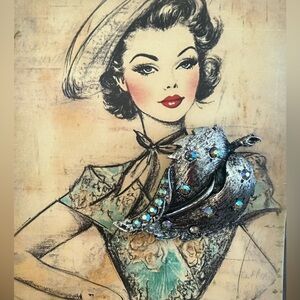 Vintage Style Silver Leaf Brooch with Blue/Green Iridescent  Accents